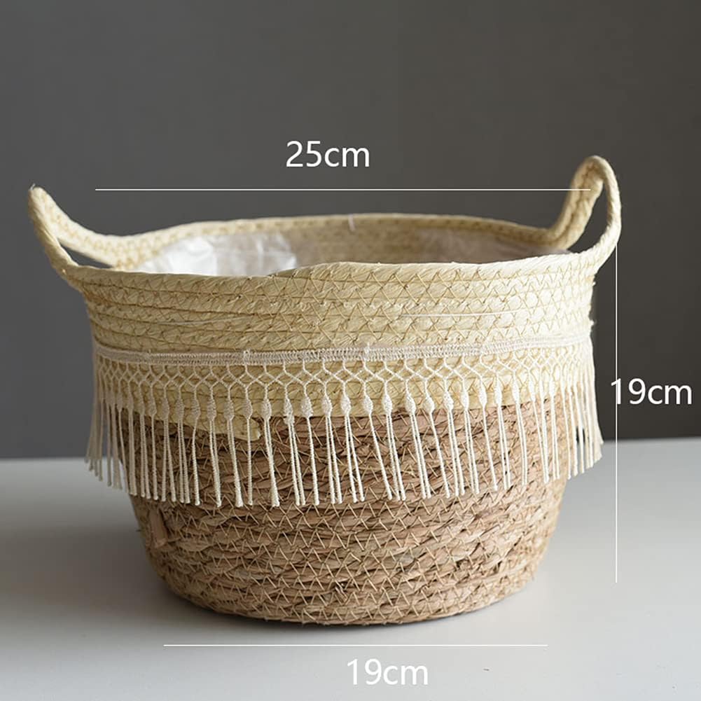 Cesta de almacenamiento tejida de hierba marina para plantas, cesta de lavandería de egrass, cestas decorativas de mimbre con asas, cesta de vientre