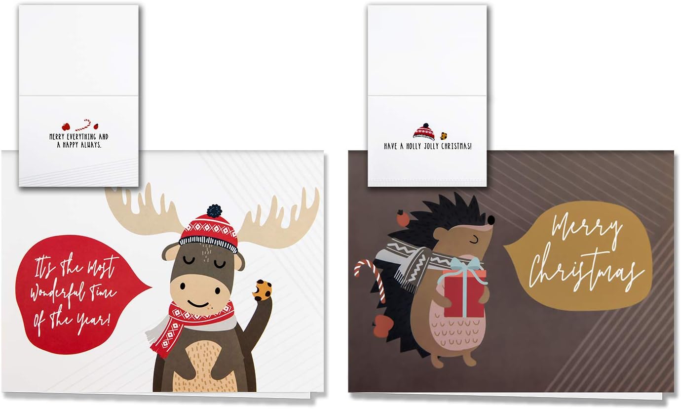 HERZOME Paquete de 48 tarjetas de felicitación navideñas de invierno con sobres y calcomanías, 8 patrones de animales del bosque, tarjetas de