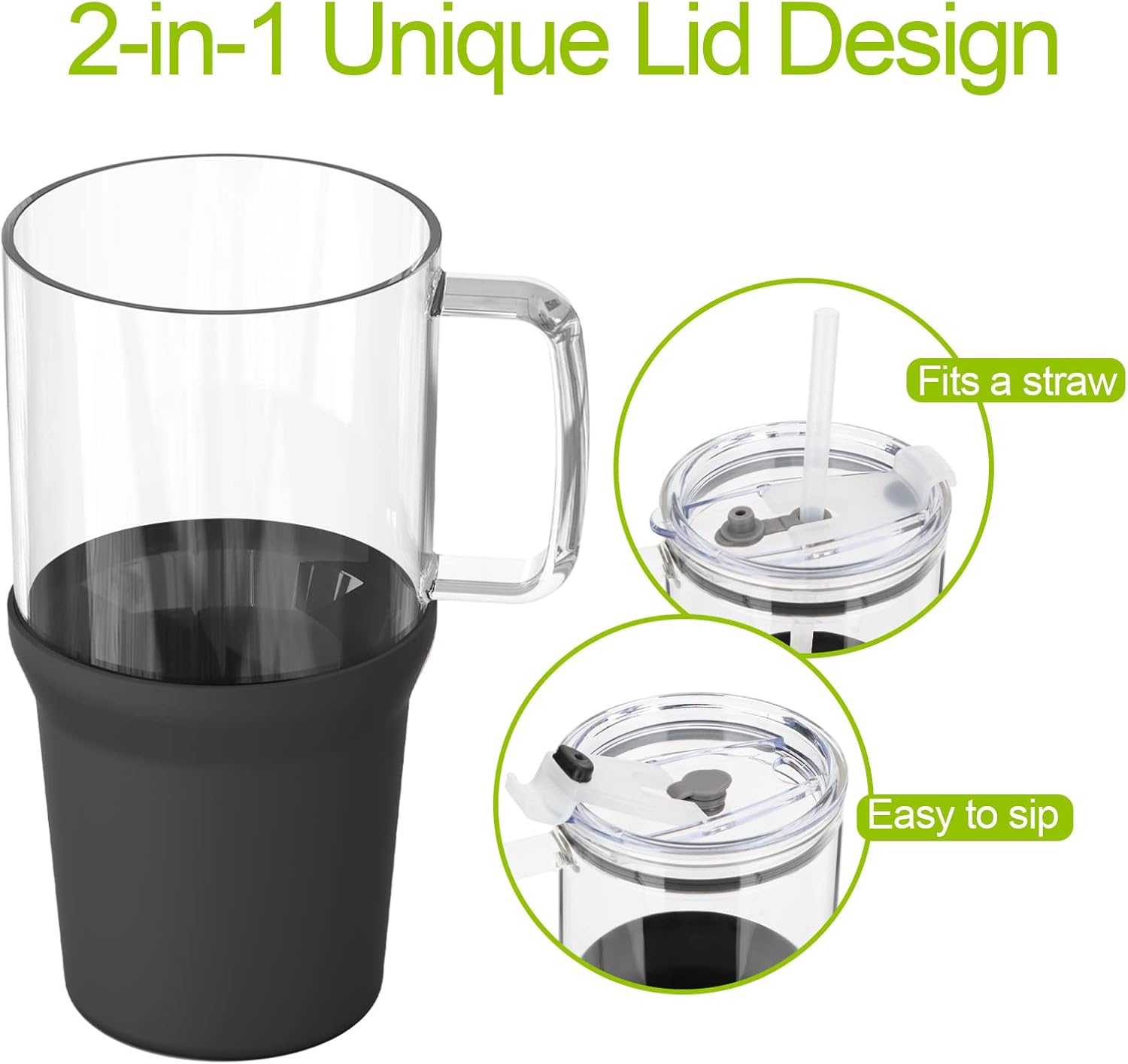 Zenbo Vaso de vidrio con tapa y popote, taza de café helado de 32 onzas con asa, botellas de agua de vidrio con funda de silicona, taza de vidrio