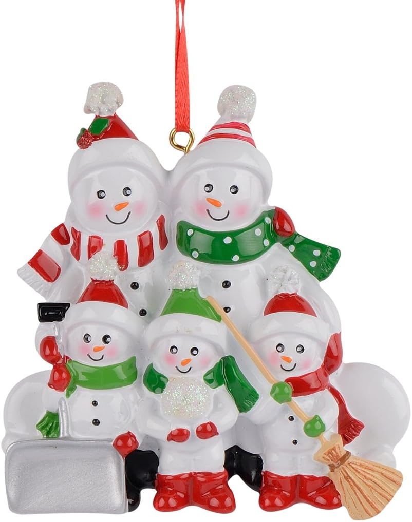 Adorno navideño personalizado para familia de 5 personas con pala, muñeco de nieve de familia de cinco, decoración de árbol de Navidad de