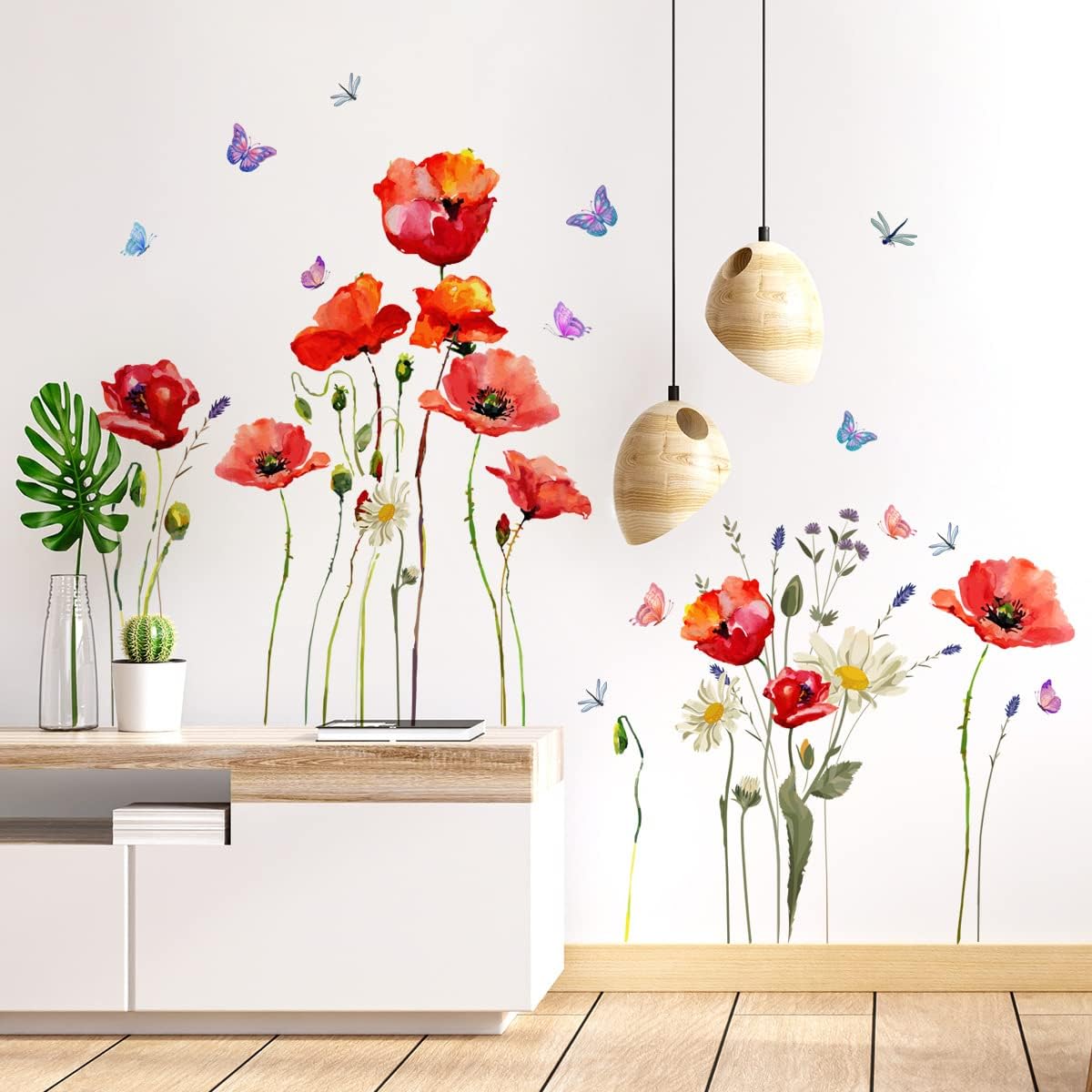Calcomanías de pared de flores de amapola roja, margaritas florales y mariposas, calcomanías de pared para bricolaje, hojas verdes, plantas y