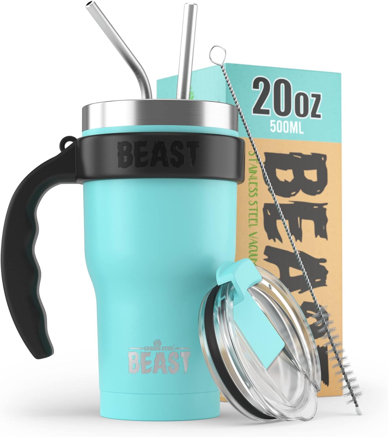 BEAST – Juego de vasos de 20 onzas con asa, taza de café de acero inoxidable + 2 cepillos para pajillas, caja de regalo y mango negro