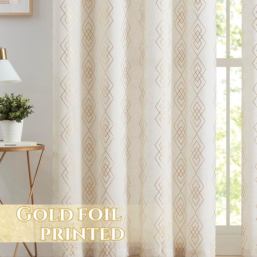 ugoutry Panel texturizado de lino dorado para dormitorio, cortinas bohemias geométricas metálicas para sala de estar, 84 pulgadas de largo, cortinas