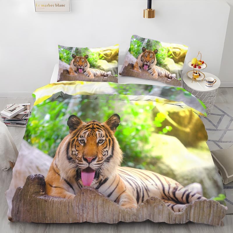 Green Wildlife Duvet Cover Queen Tiger Print Bedding Sets Queen Soft Microfiber Comforter Cover and 2 Pillow Shams 20″X26″, Bed Set Duvet Covers