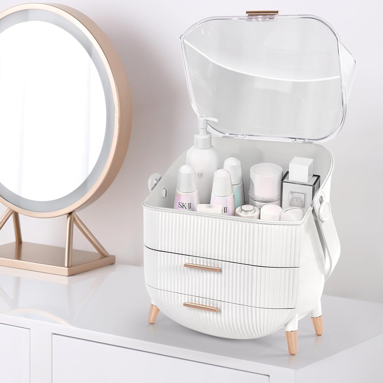 IGDMM Preppy Makeup Organizers,Skincare Organizer for College Students,Portable Cosmetic Organizer Makeup Caddy for Dorm,Bathroom,Dresser Cosmetic