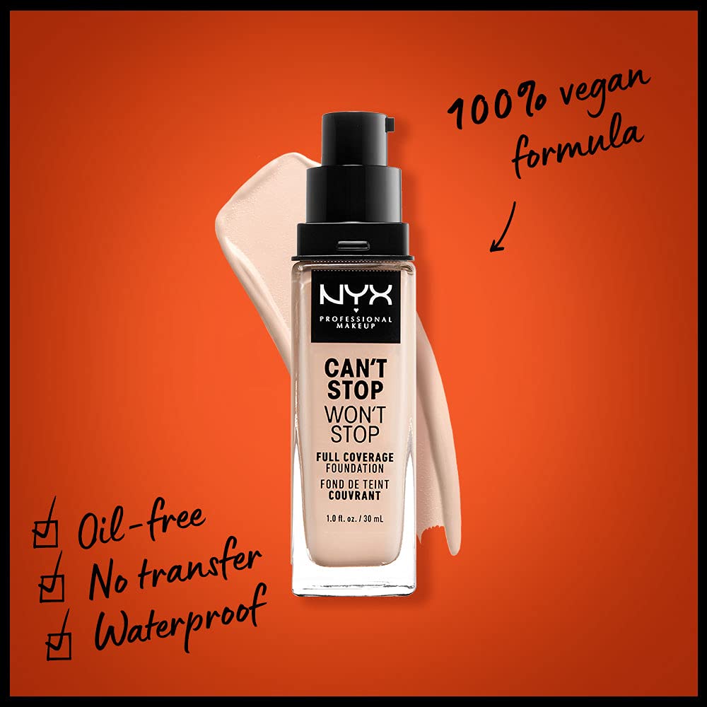 NYX Professional Makeup Can’t Stop Won’t Stop Base de cobertura completa de 24 horas, acabado mate, porcelana clara
