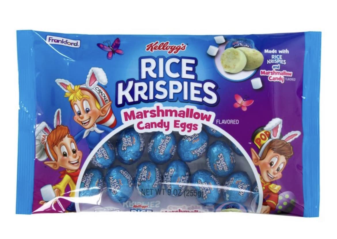 Kelloggs Rice Krispies, con sabor a malvavisco, envueltos indiviidualmente, huevos de chocolate con caramelo frustrados, canasta de Pascua, búsqueda