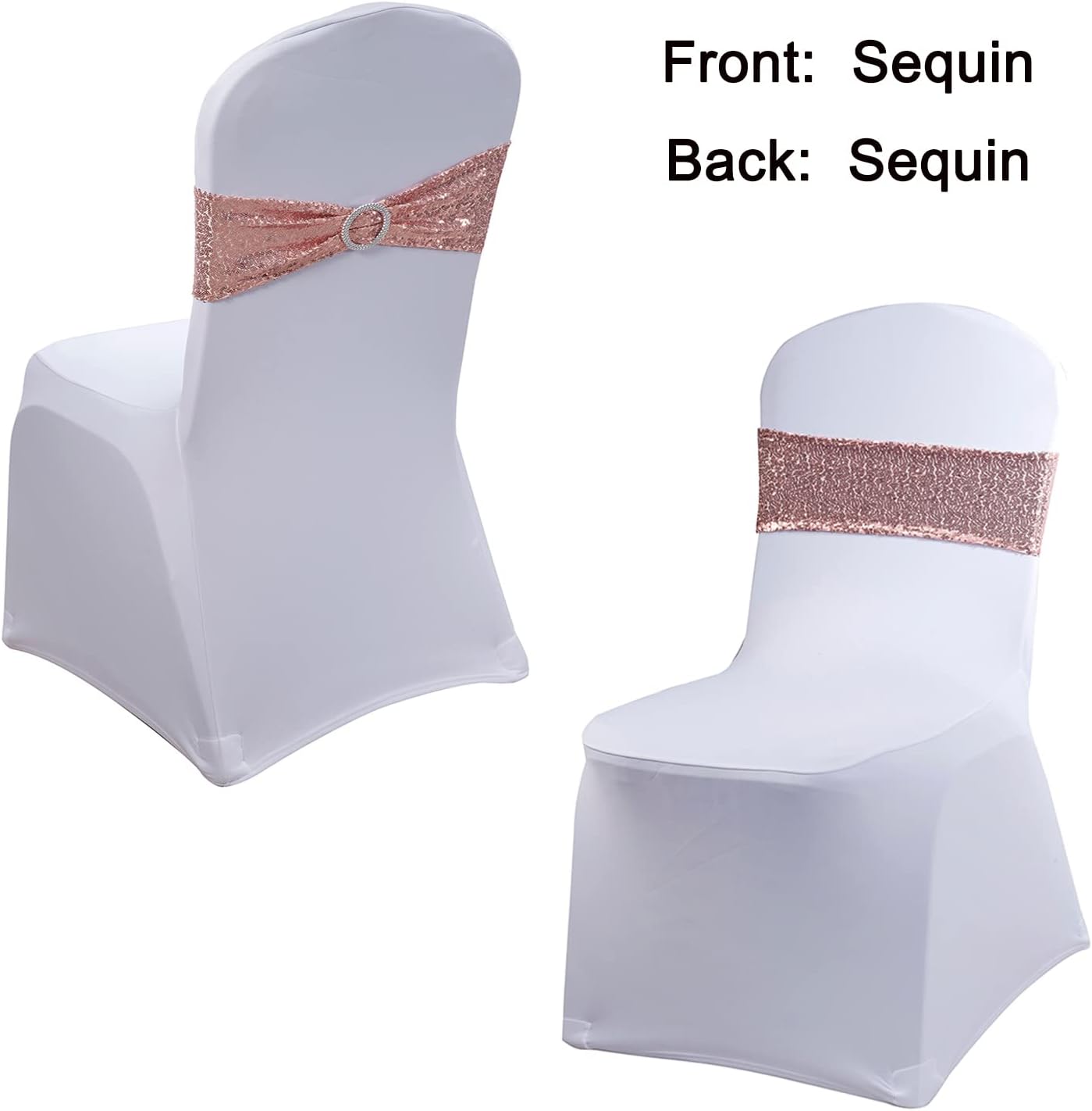 Paquete de 100 bandas de lentejuelas para sillas de color oro rosa, lazos para sillas plegables de fiesta de boda, banda de oro rosa con hebillas
