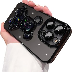 MANLENO Funda galvanizada con diseño de oso 3D para iPhone 15 Pro Max para mujer, funda protectora de cuerpo completo con purpurina flotante y MANLENO Funda galvanizada con diseño de oso 3D para iPhone 15 Pro Max para mujer, funda protectora de cuerpo completo con purpurina flotante y