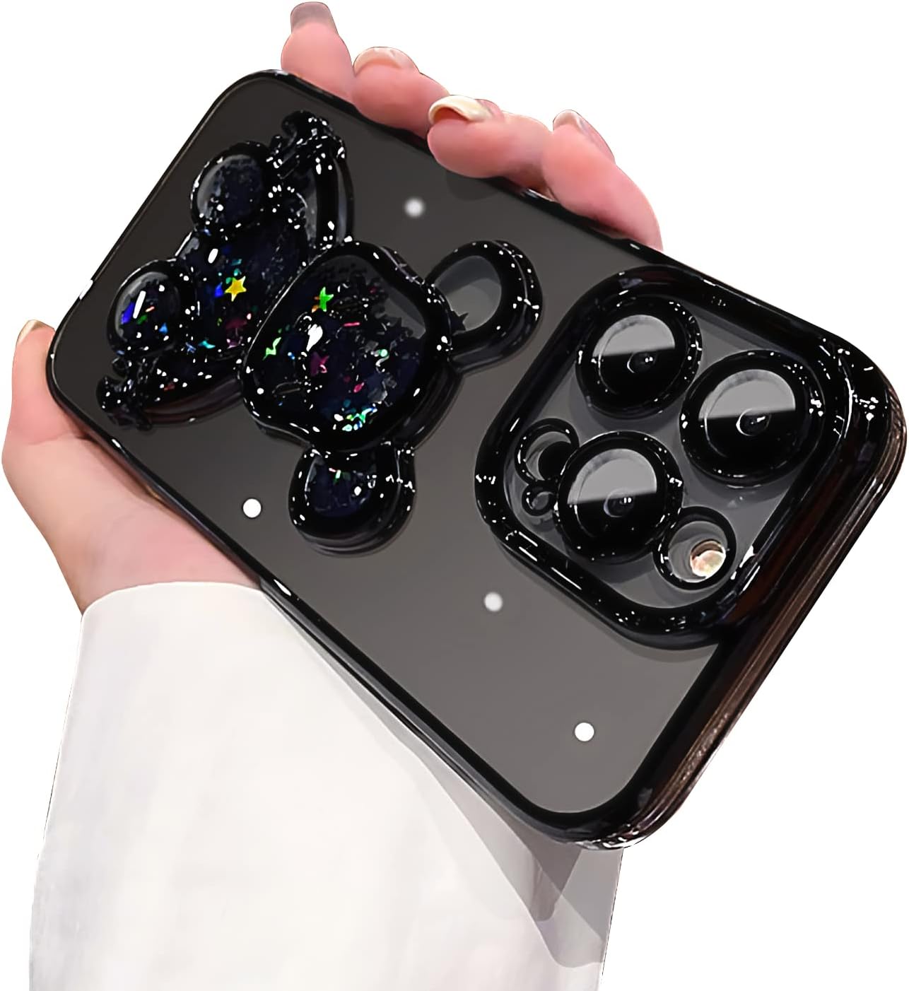 MANLENO Funda galvanizada con diseño de oso 3D para iPhone 15 Pro Max para mujer, funda protectora de cuerpo completo con purpurina flotante y