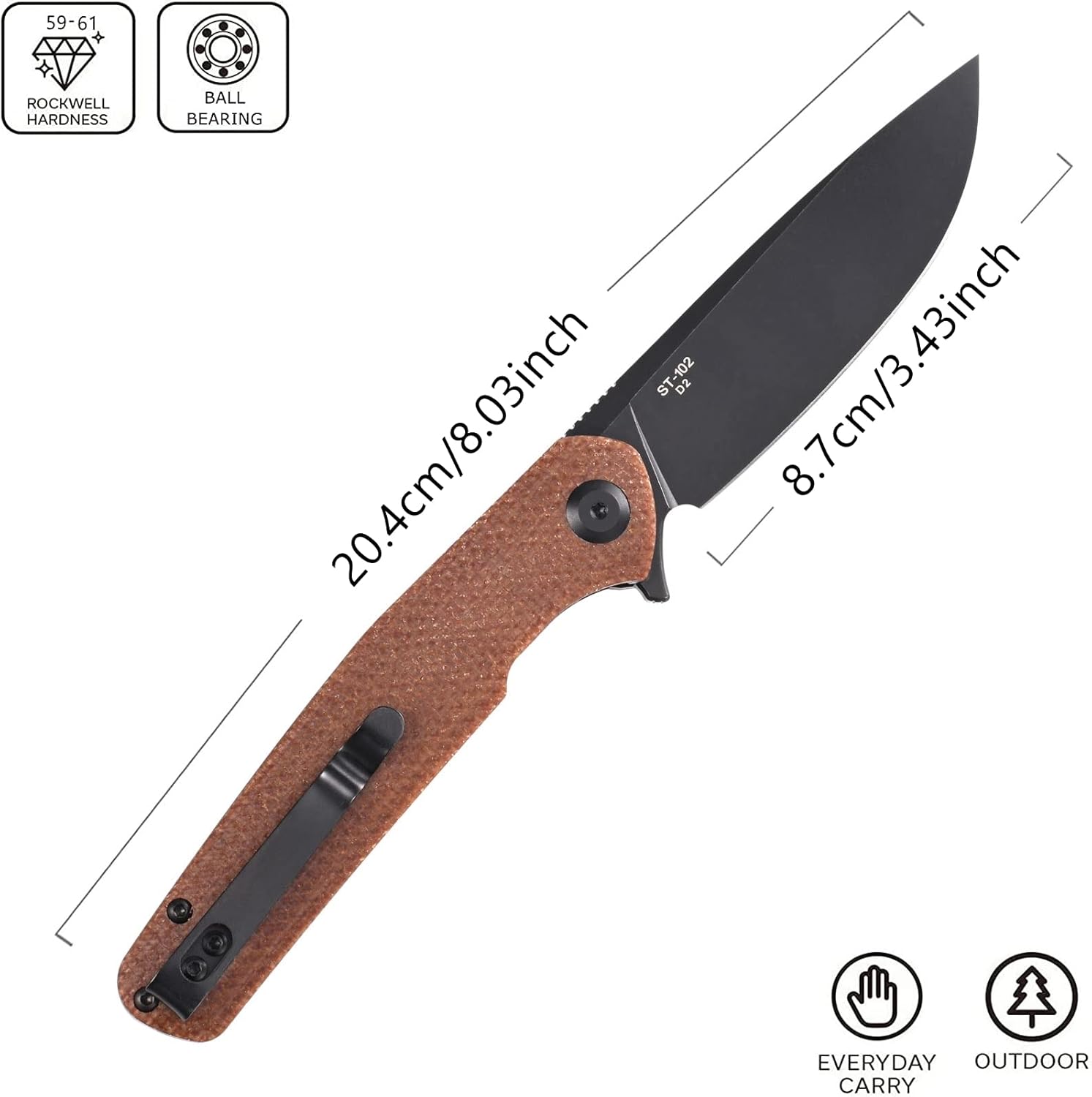 Sitivien Cuchillo plegable ST102, hoja de acero D2+mango Micarta EDC herramienta cuchillo para exteriores, camping, caza, supervivencia (marrón)