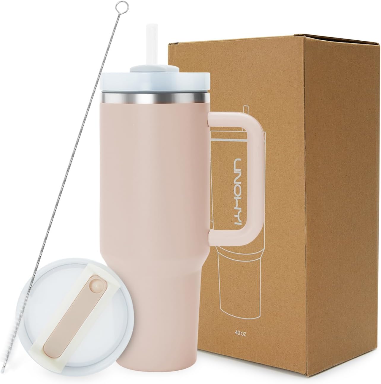 Vaso de 40 onzas con asa y tapa con pajilla, vaso de acero inoxidable aislado al vacío, taza de viaje para agua, té helado o café, batido, regalos