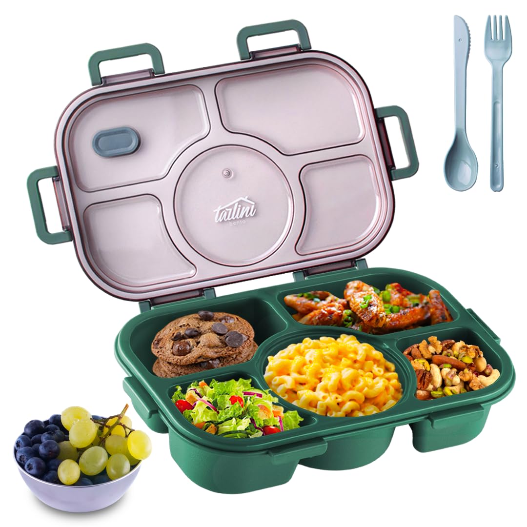 Tarlini – Caja Bento verde para adultos, contenedor de 5 compartimentos con separadores para comidas equilibradas, caja Bento japonesa segura para