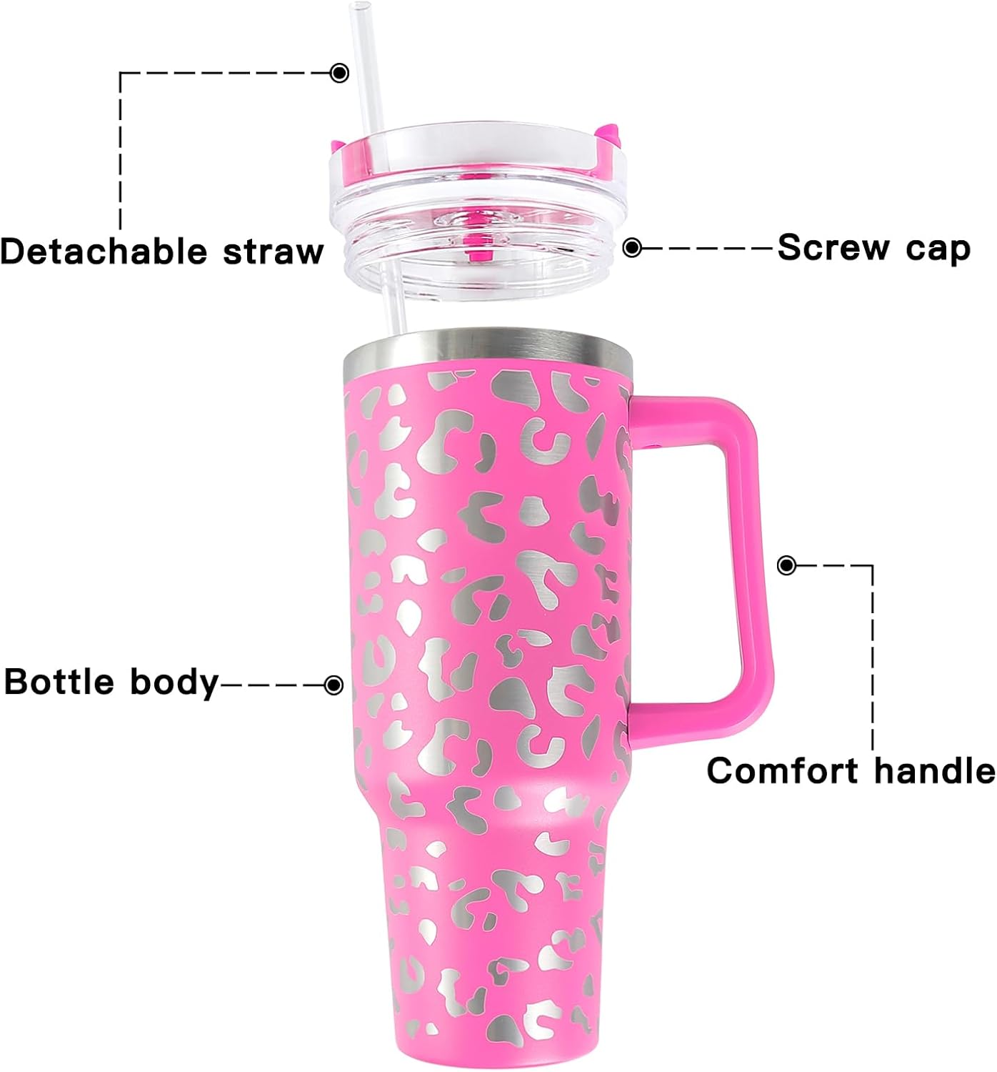 Vaso de 40 onzas con asa, termo de acero inoxidable con diseño de leopardo, taza de café, taza de café para exteriores, para automóvil, deportes,