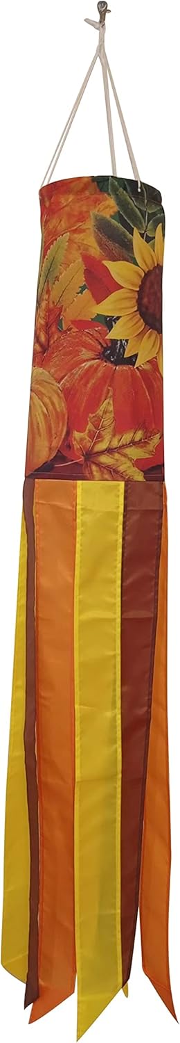 Tela vibrante de 40 pulgadas para otoño y otoño, tiempo de cosecha de calabaza con media de viento de girasol con colas de colores amarillo, naranja