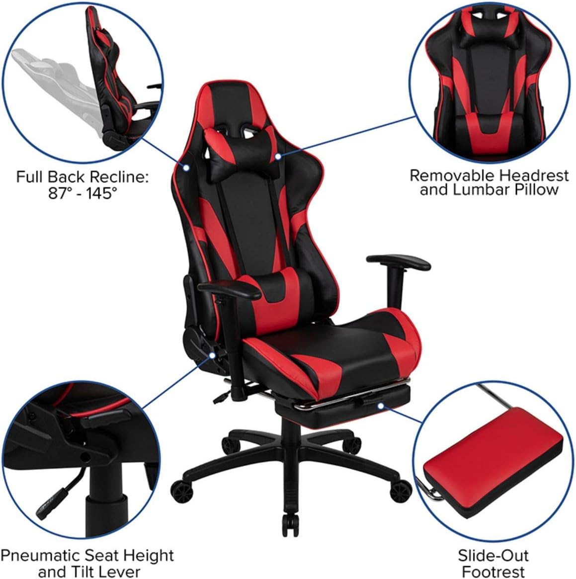 Flash Furniture X30 – Silla ergonómica de videojuegos de carrera para oficina con respaldo completamente reclinable, reposapiés deslizante, en