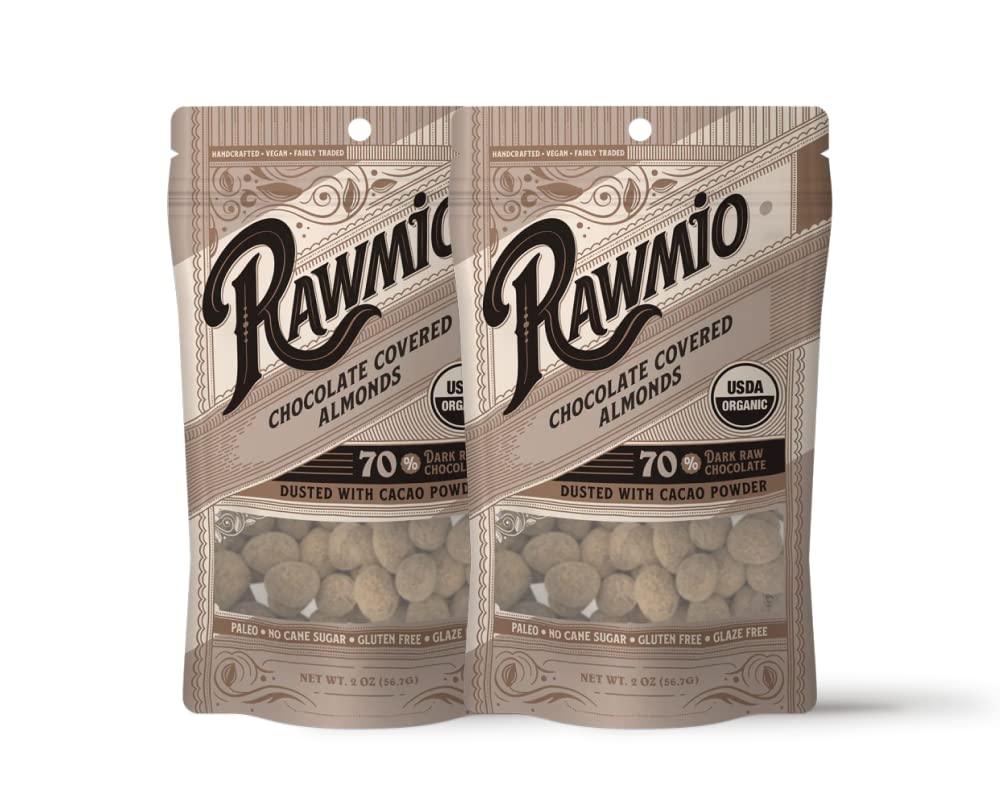 Rawmio Almendras cubiertas de chocolate – Orgánicas, crudas, veganas, 70% chocolate negro, 2 paquetes, 2 onzas.