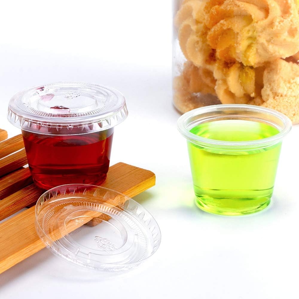 TashiBox 100 juegos de vasos desechables de plástico con tapas, porción de soufflé, aderezo para ensalada de salsa, tazas de condimentos, paquete de