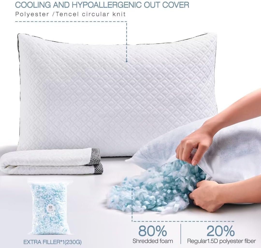 Luxe Linen Almohadas de cama tamaño Queen, almohadas de espuma viscoelástica trituradas, almohada de cama ajustable para dormir, almohadas de punto