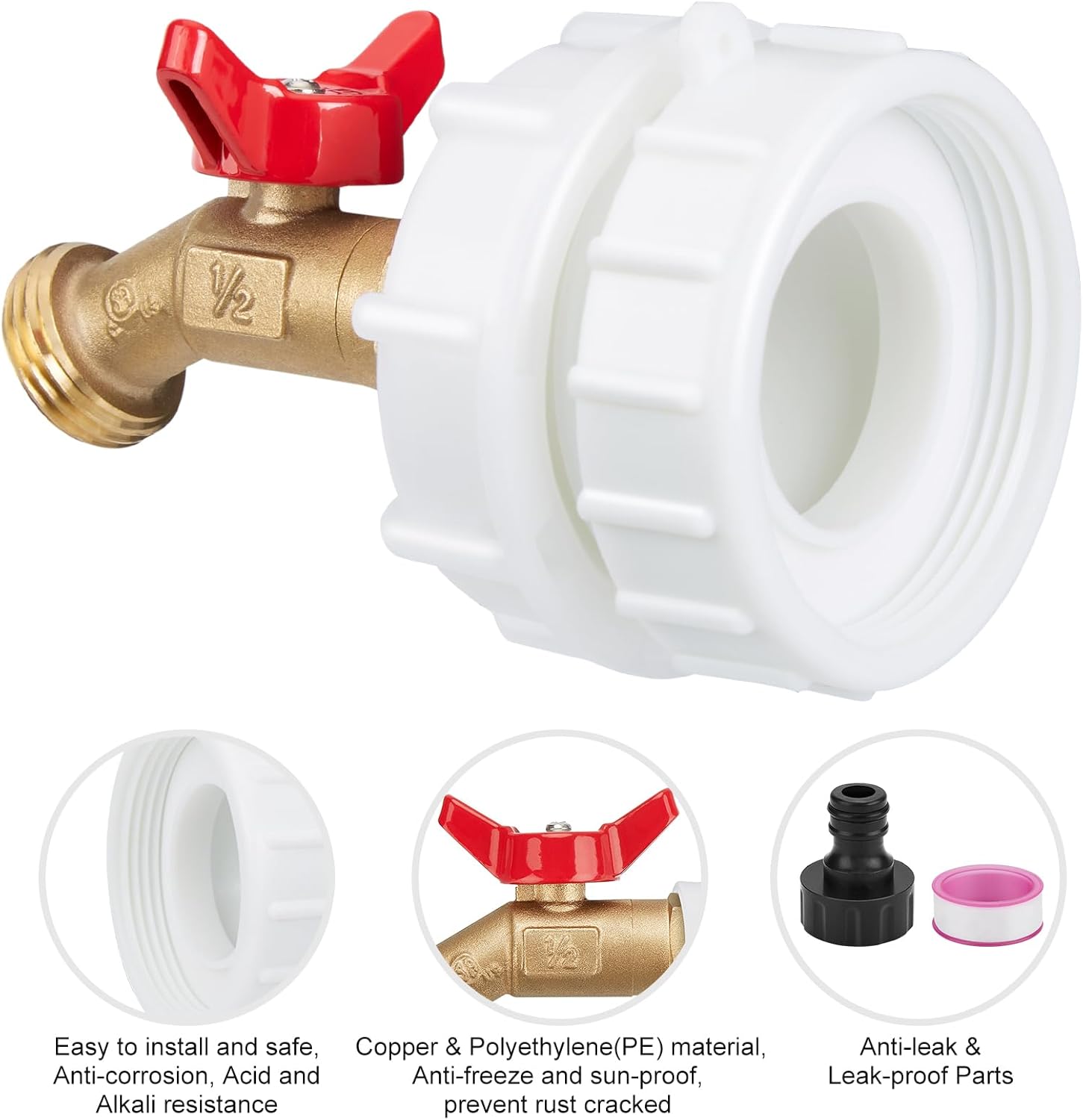 WADEO IBC – Adaptador de mano, adaptador de rosca fina de 2.44 pulgadas para tanque IBC de 275-330 galones, grifo de válvula de cierre de agua de