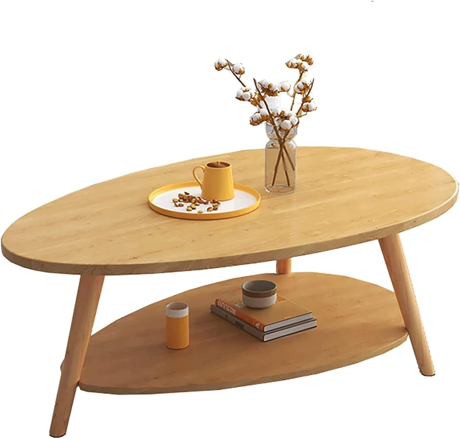 Mesa de Centro Mesa de centro ovalada de MDF con patas de madera de 35.4 x 19.7 x 16.5 in, mesa auxiliar de sofá de doble capa, para apartamento