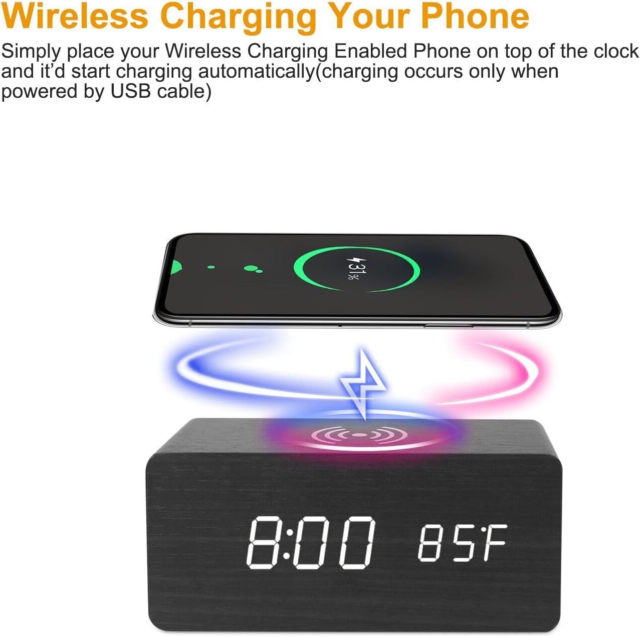 Reloj despertador digital, pantalla LED electrónica de madera, 3 ajustes de alarma, carga inalámbrica de 18 W, día de la semana, detección de
