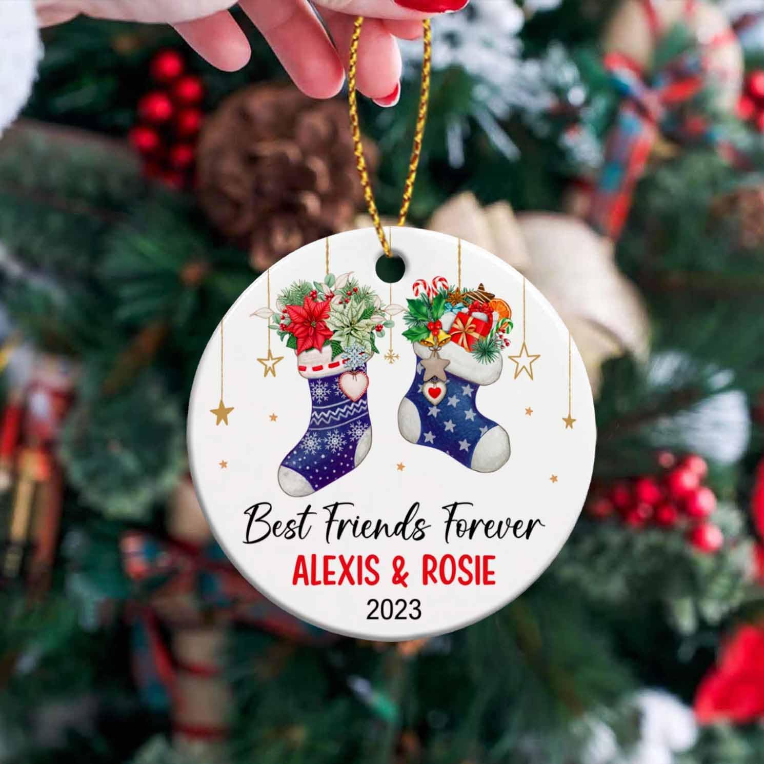 Adorno personalizado para mejores amigos para siempre, nombres personalizados y Año BFF, vacaciones de Navidad, calcetines de amigos, adorno de