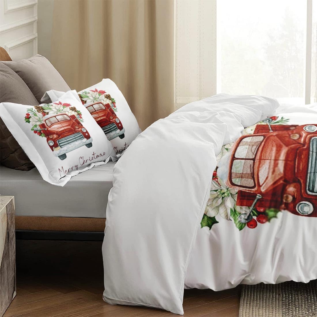 Juego de funda de edredón, juego de ropa de cama de flores rojas de Navidad para niños y adultos, decoración de dormitorio de hojas de pino, juego