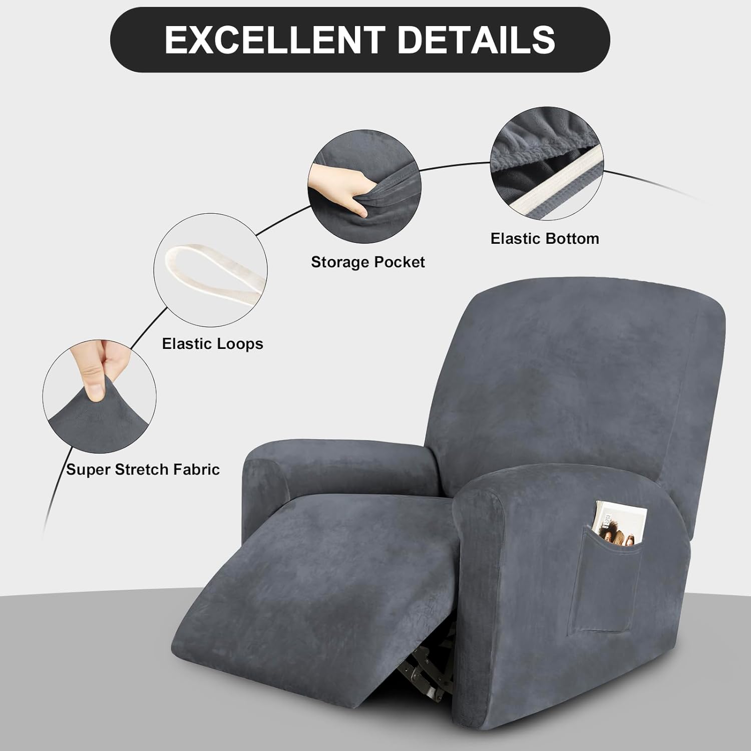 FestiCorp Fundas para sillas reclinables, fundas para sillas reclinables de terciopelo real, 4 piezas, para niños pequeños, fundas elásticas para