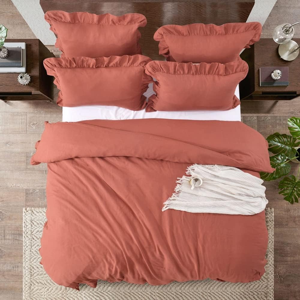meadow park Funda de edredón de lino de algodón con fundas de almohada, juego de 3 piezas, tela lavada a la piedra vintage, estilo volantes con