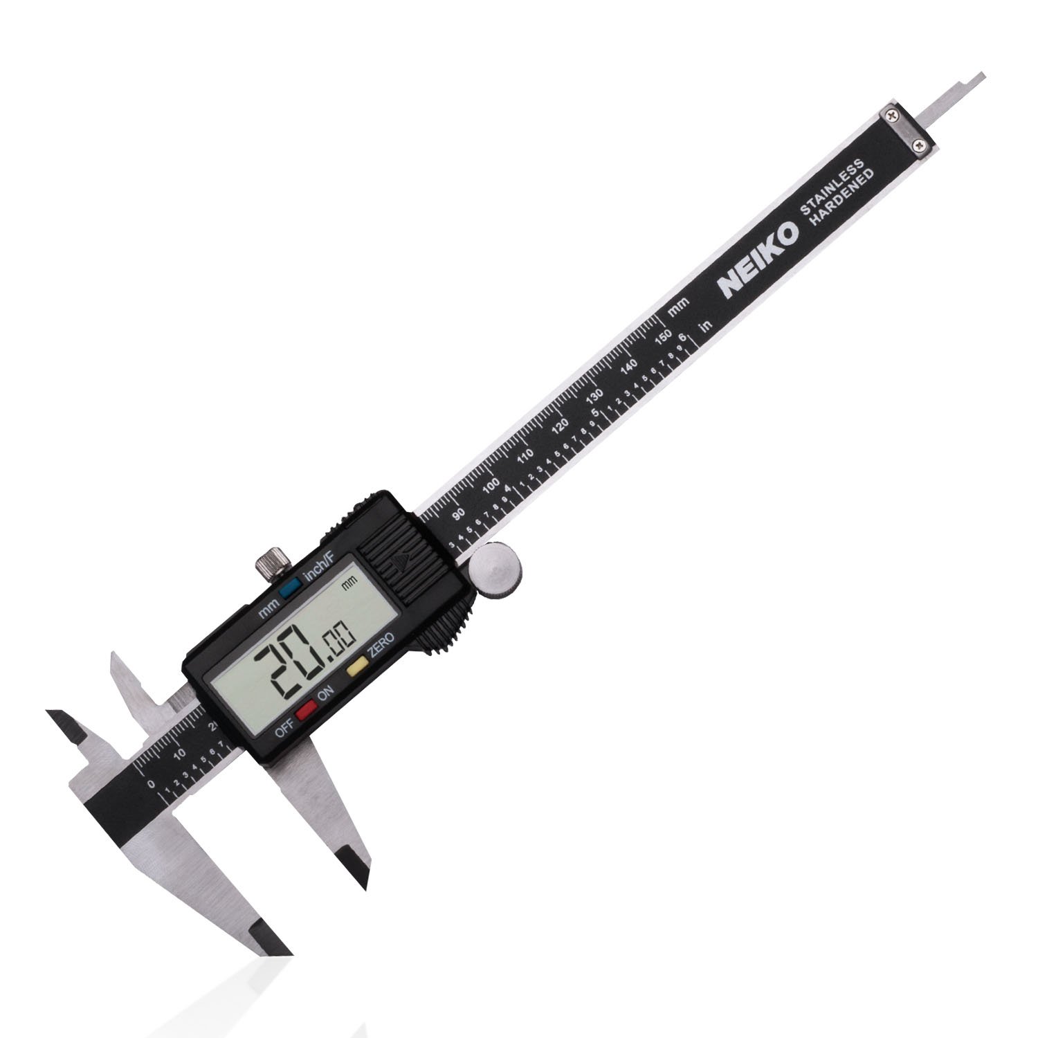 NEIKO 01407A – Calibrador digital electrónico, 0-6 pulgadas. Construcción de acero inoxidable con pantalla LCD grande. Botón de cambio rápido para