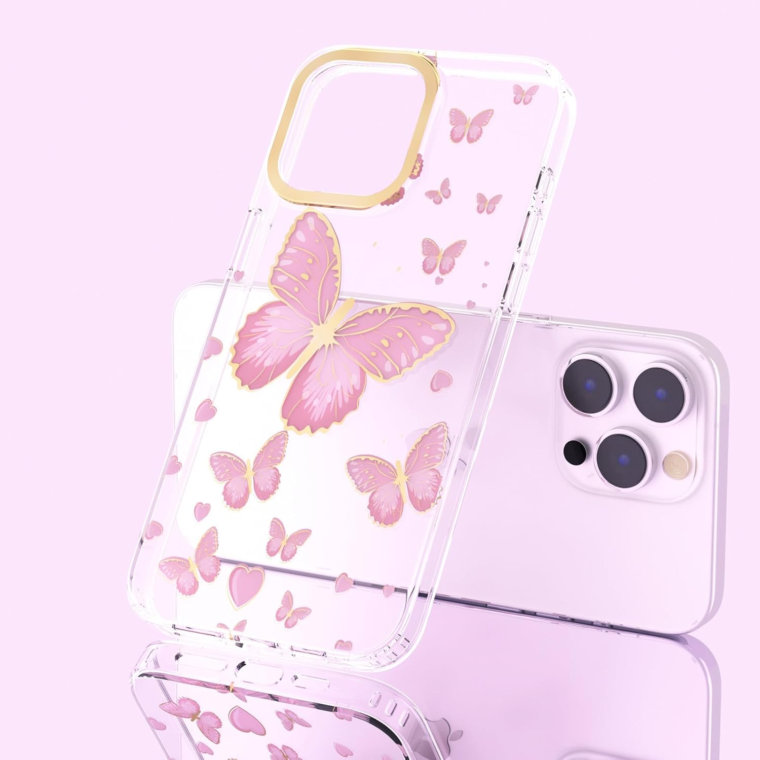 Funda transparente con purpurina para iPhone 15 para mujeres y niñas, mariposas doradas, bonito patrón en forma de corazón, ajuste delgado, funda