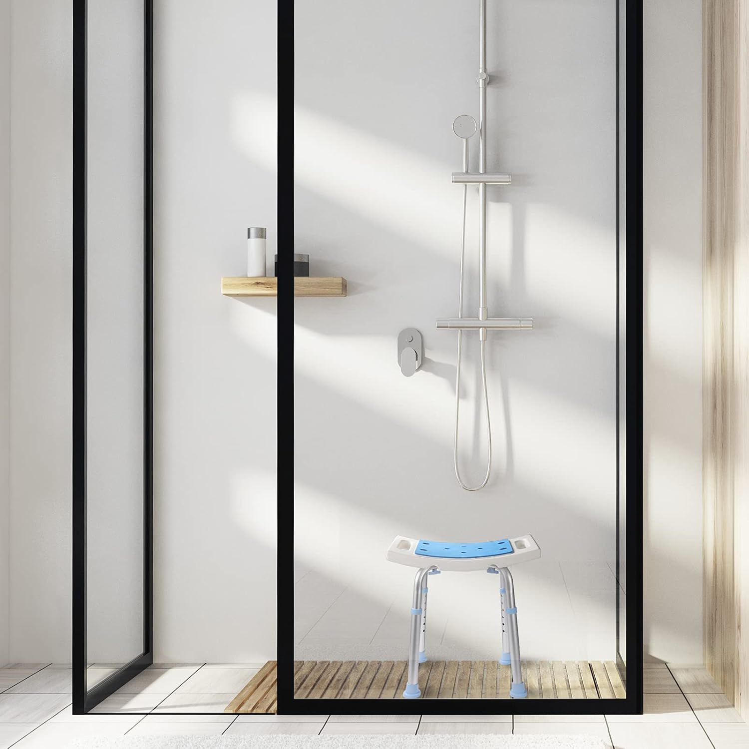 Silla de ducha para ducha interior, taburete de ducha antideslizante con orificios de asiento acolchados para bañera y baño, banco de baño