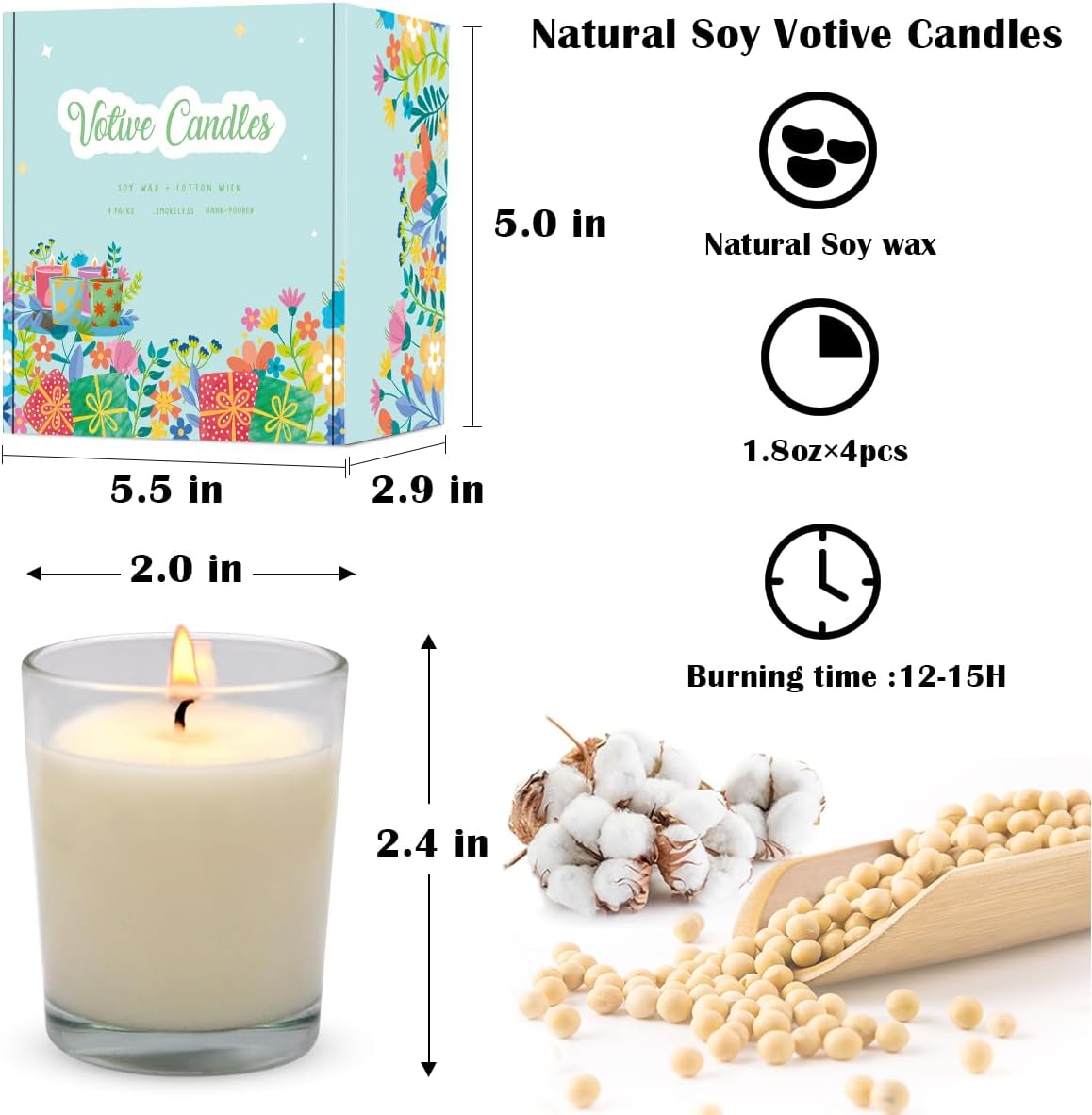 Juego de 4 velas votivas blancas, velas de cera de soja sin perfume rellenas de vidrio transparente para decoración del hogar, bodas, spa,