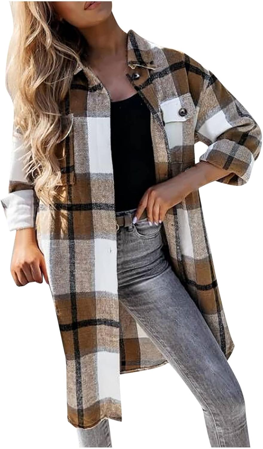 Camisas a cuadros para mujer, chaqueta casual de manga larga con solapa y botones, camisas con bolsillo