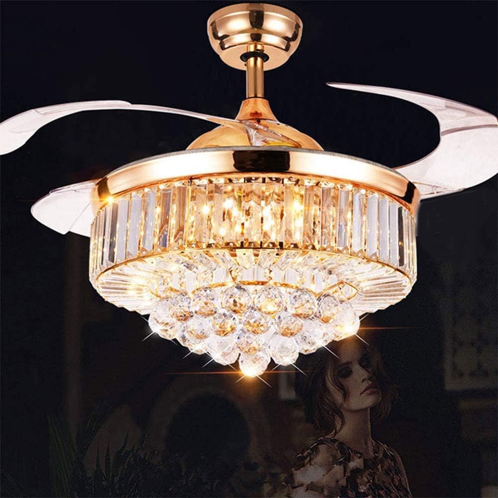 LUOLAX Candelabro de techo de cristal moderno de 42 pulgadas y control remoto, 3 colores y 3 velocidades de cambio, lámpara LED retráctil para sala