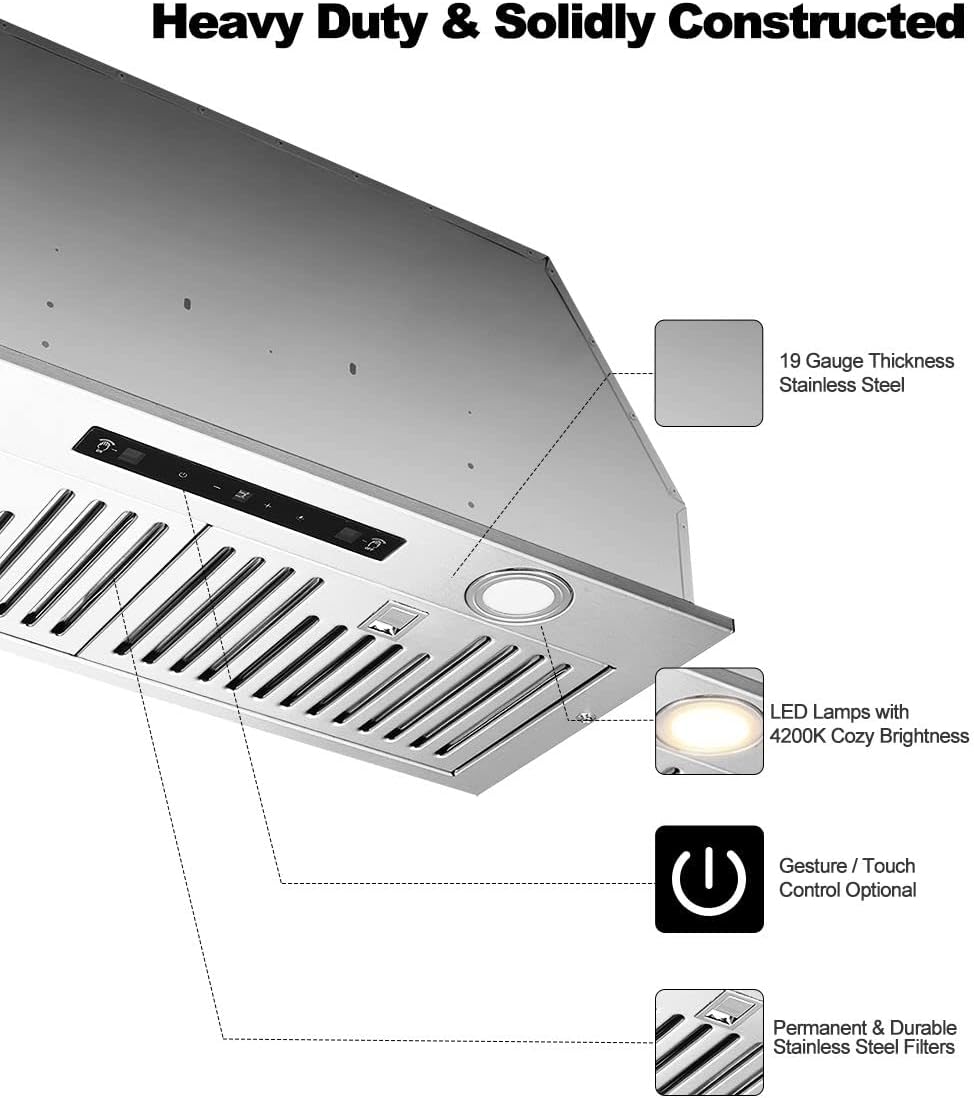 Campana extractora de 30 pulgadas con 800 CFM, motor de CC, EVERKITCH, campana de estufa integrada, filtro de acero inoxidable, campana de