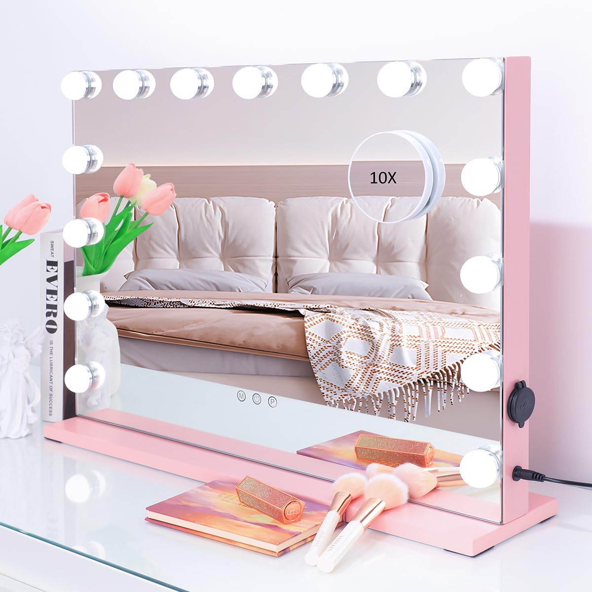 iCREAT Espejo de tocador rosa con luces, espejo de maquillaje Hollywood con 15 bombillas LED regulables para dormitorio, espejo iluminado con 3