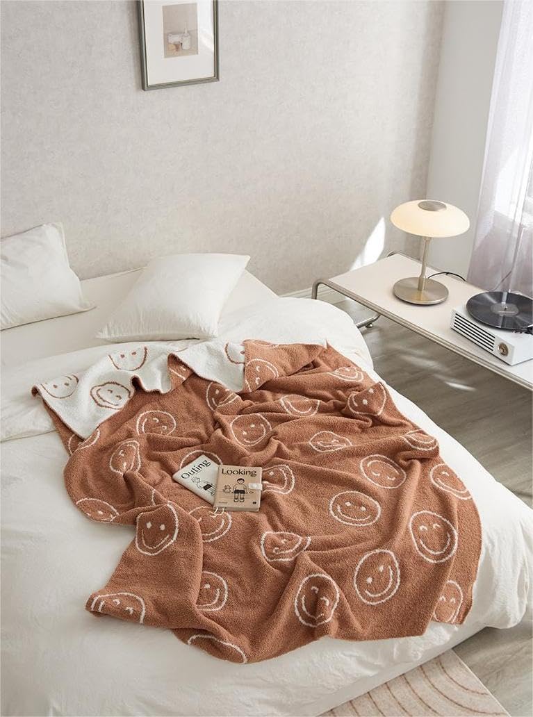 Manta de punto de microfibra esponjosa súper suave y bonita con cara sonriente, afelpada, ligera, ligera, para sofá y cama, 69 x 40 pulgadas (color