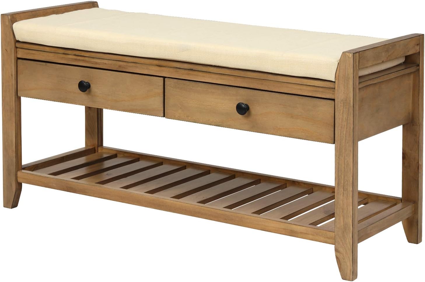 SSLine Banco de almacenamiento de zapatos con 2 cajones y asiento acolchado, banco de entrada de madera moderno de 39 pulgadas, estante de