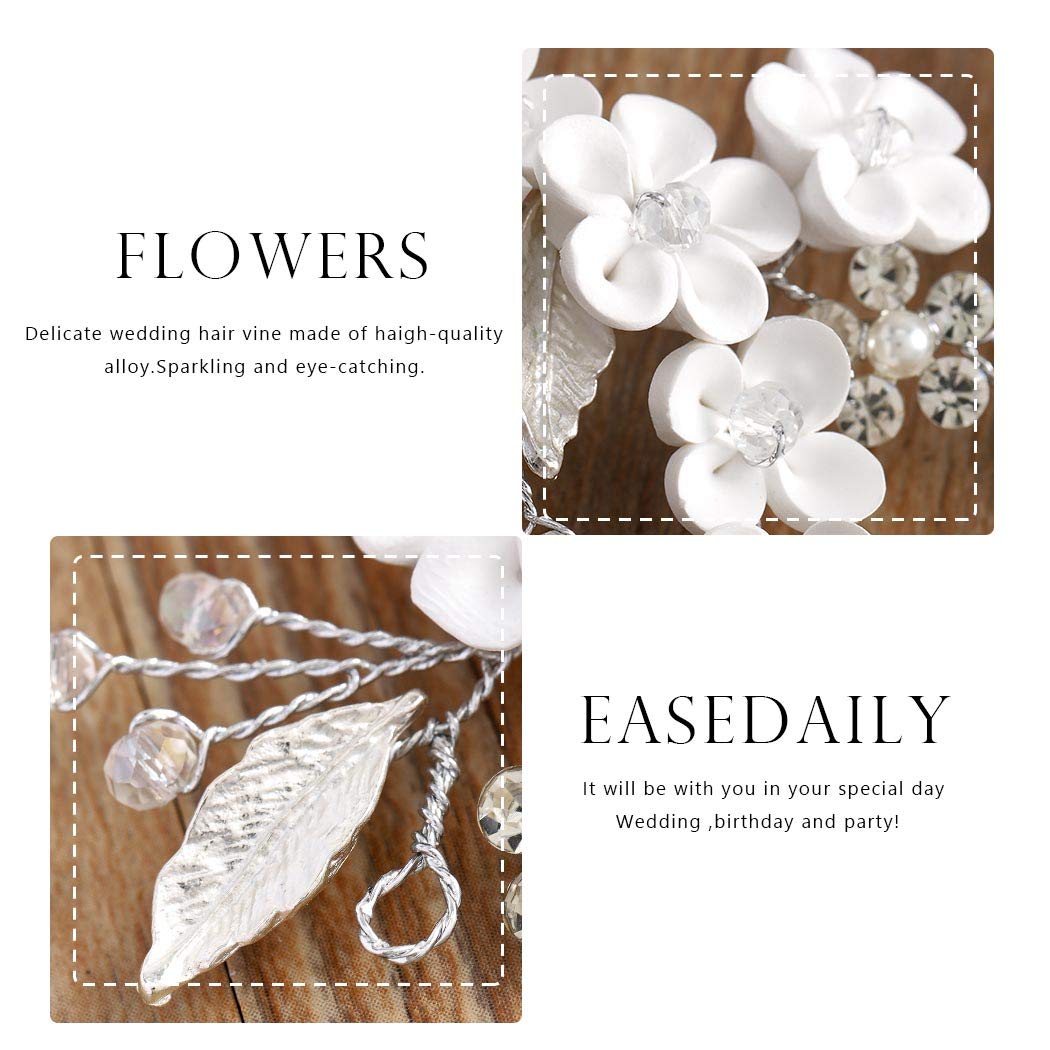 Easedaily Tocado de novia de flores para boda, vid de hoja de plata, tocados de novia con diamantes de imitación, accesorios para el cabello para