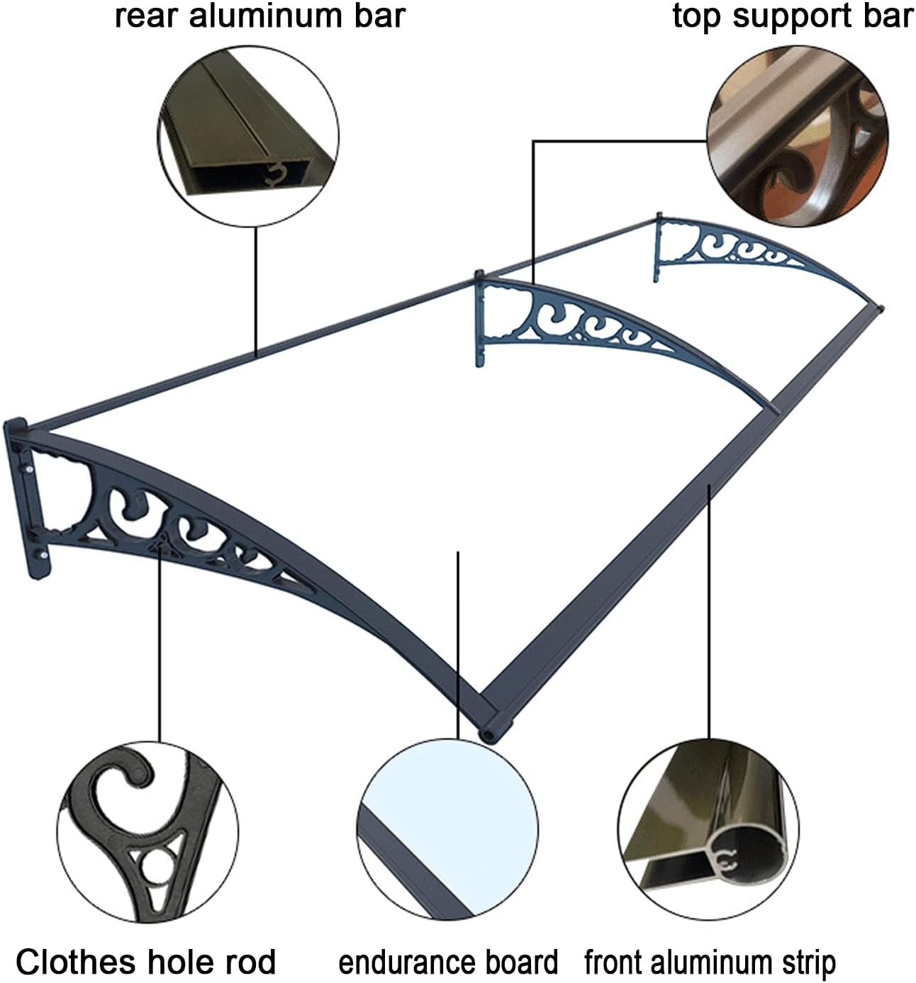 Toldo para ventana de patio, puerta delantera al aire libre, patio, toldo para puerta de techo, toldo arqueado de policarbonato con soportes, varios