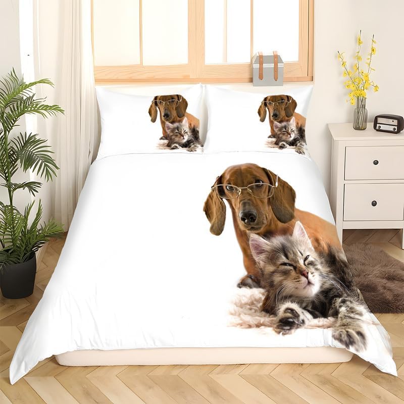 Juego de funda de edredón de gato blanco nieve con estampado de animales, funda de edredón de microfibra suave y 2 fundas de almohada de 20 x 26