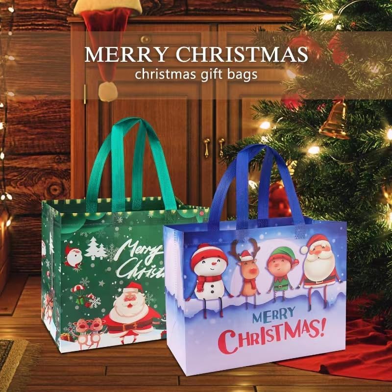 HTRYBNES Paquete de 16 bolsas de regalo de Navidad, grandes bolsas de Navidad reutilizables no tejidas con asas, suministros de fiesta de Navidad,