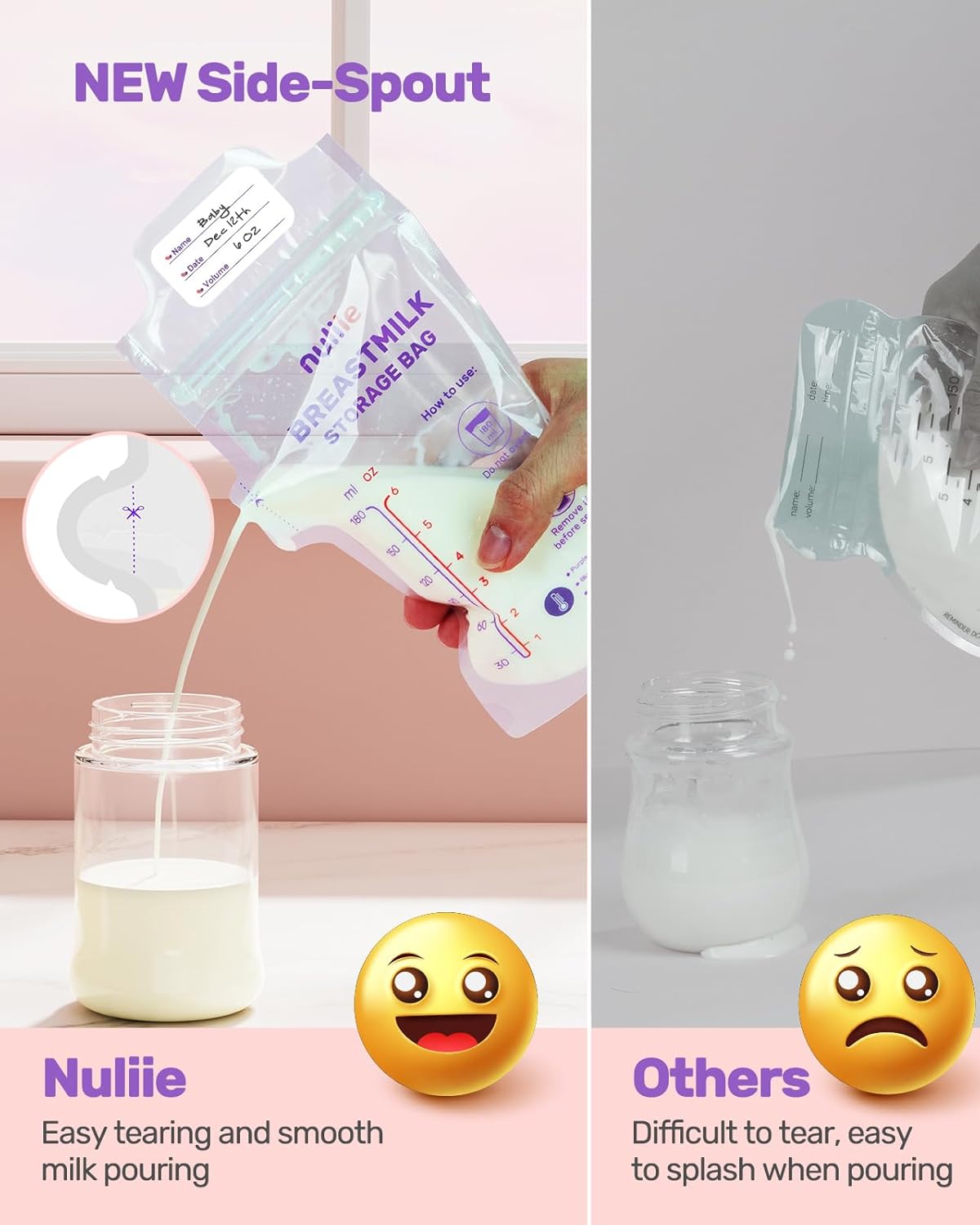 Nuliie 120 bolsas de almacenamiento de leche materna con detección de temperatura, sin fugas, sin BPA con boquilla fácil de verter, 6 onzas