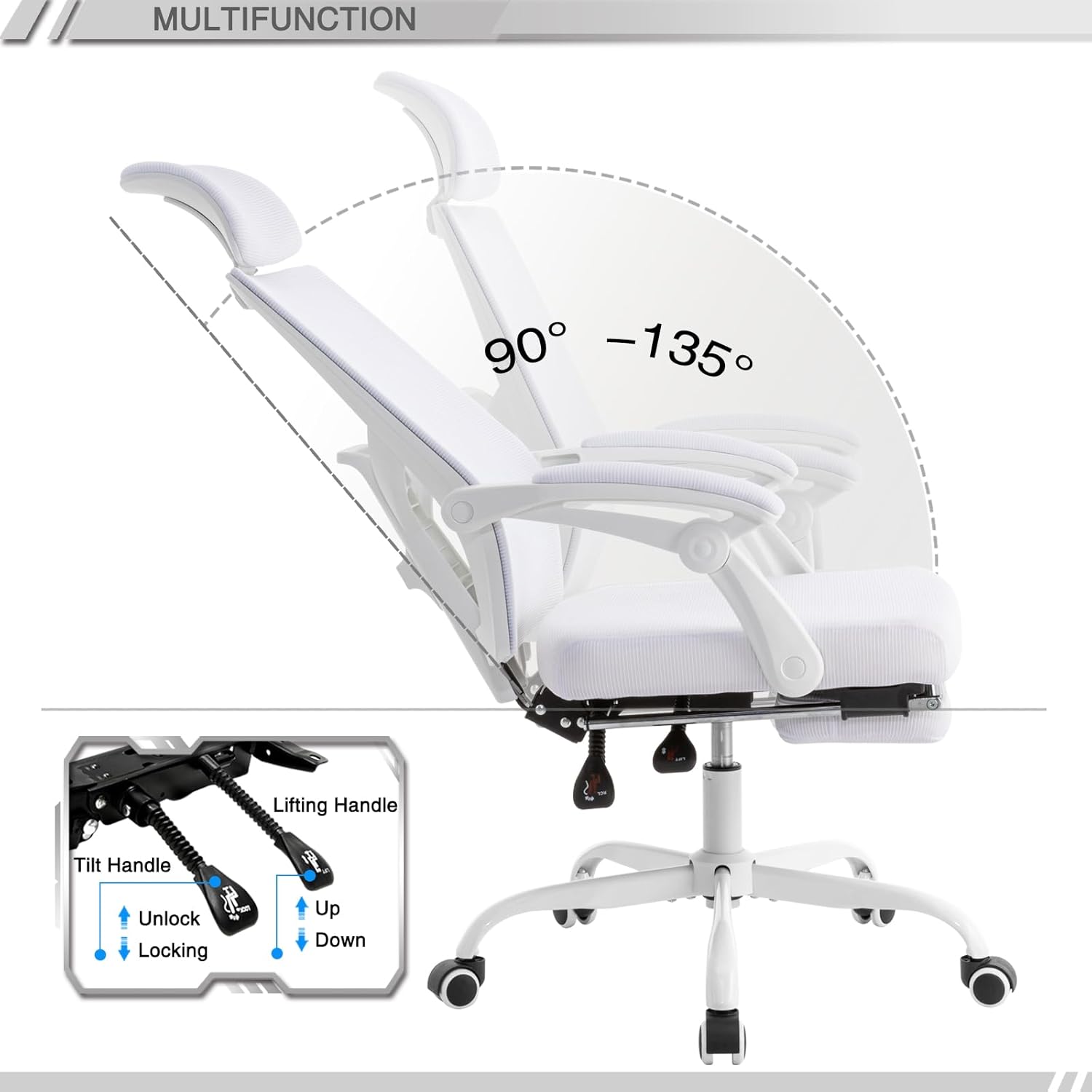 Qulomvs Silla de oficina ergonómica de malla con reposapiés, silla de escritorio de oficina en casa con reposacabezas y respaldo, silla de