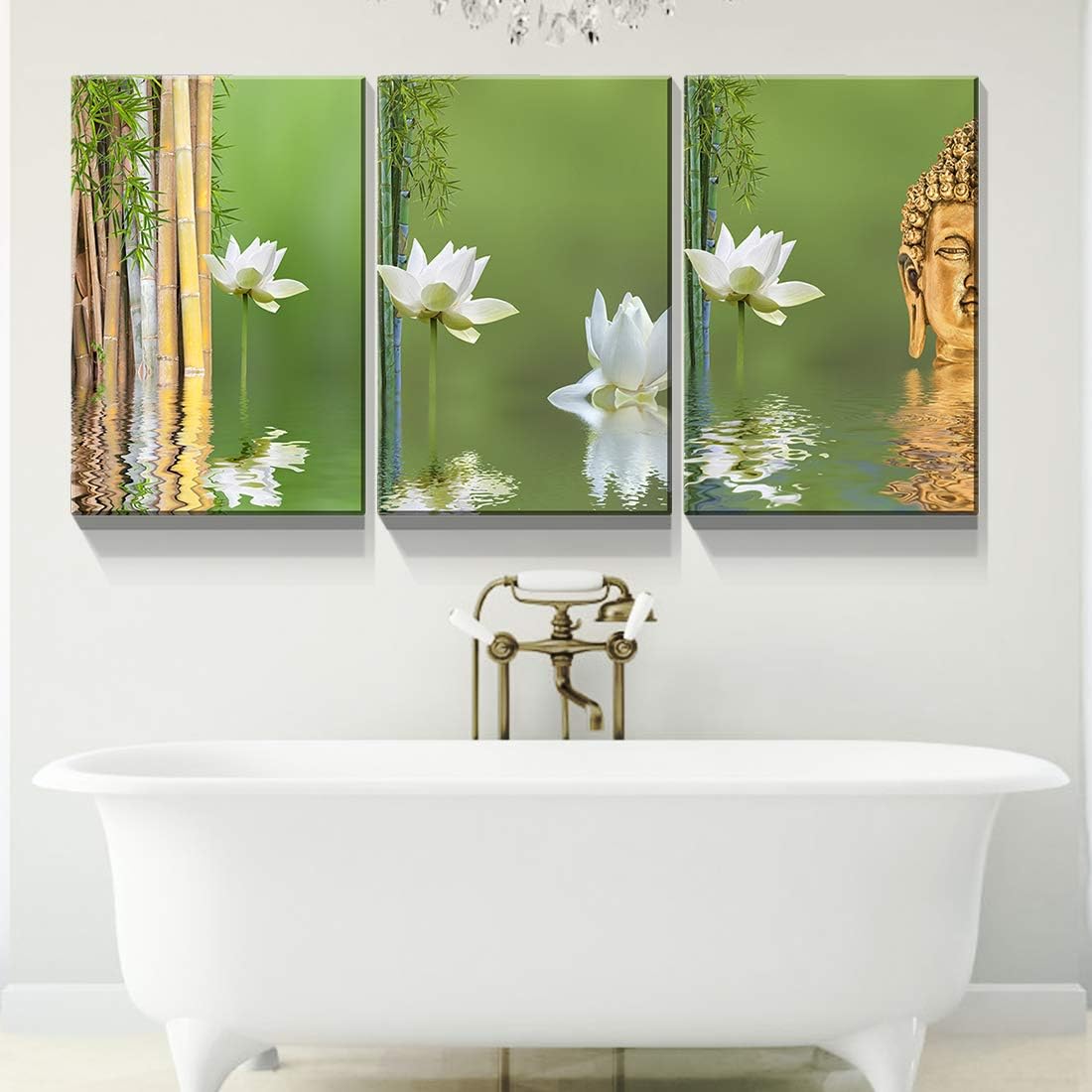 Denozer – Lienzo decorativo para pared de 3 piezas – Naturaleza muerta con bambú de loto blanco y estatua de Buda – Arte moderno para el hogar