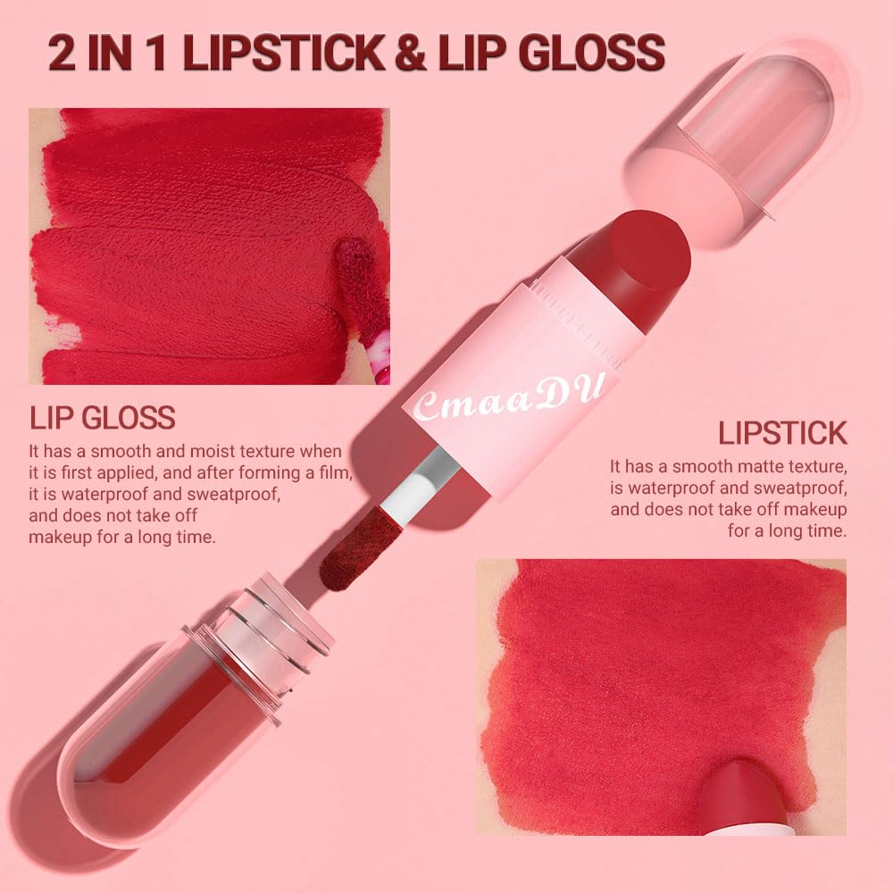 evpct Lápiz labial mate 2 en 1 y larga duración, a prueba de manchas, brillo de labios, juego de 3 piezas para mujer, color rojo rubí oscuro, beige,