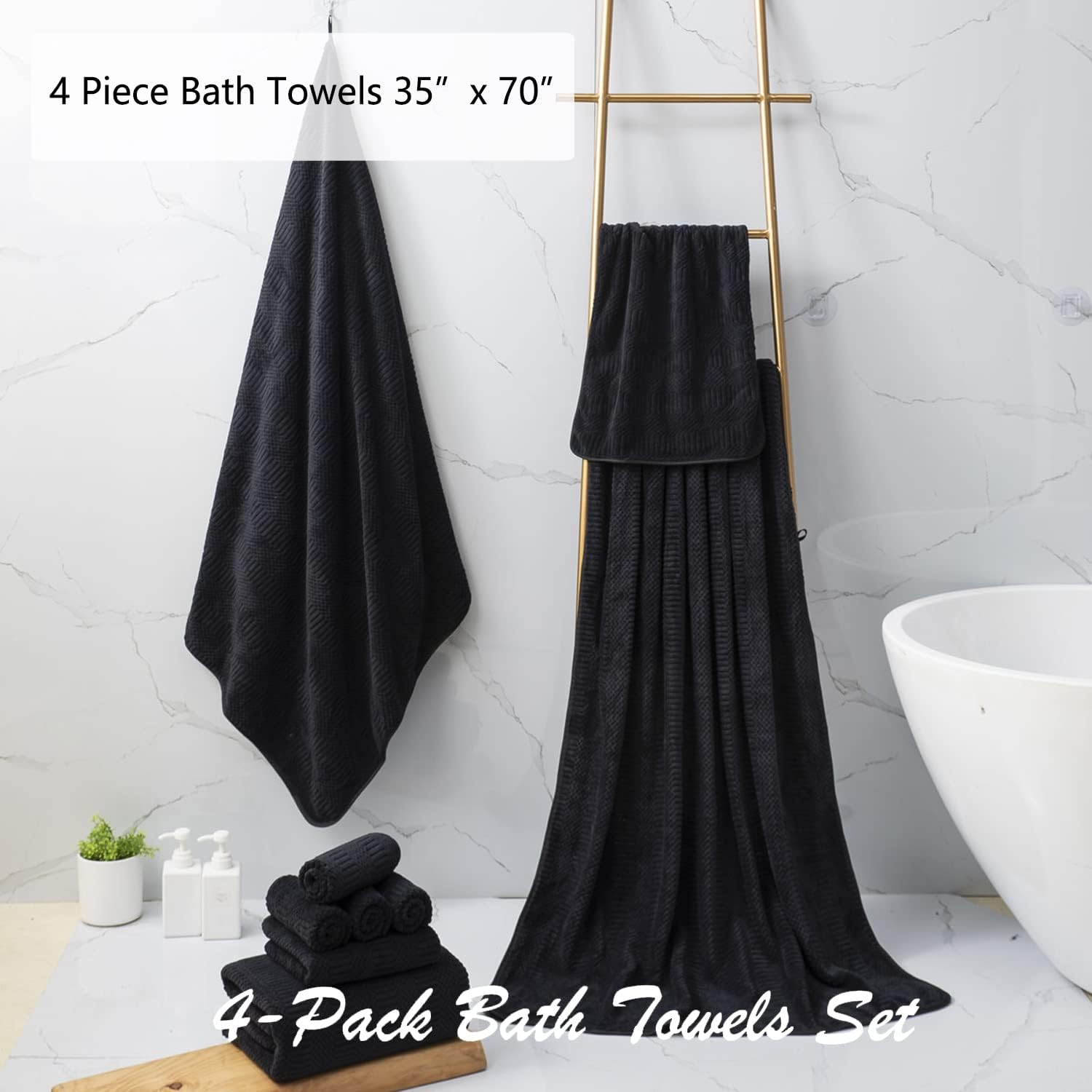 Juego de 4 toallas de baño grandes de 35 x 70 pulgadas, color negro, extra grandes, toallas jumbo de 600 GSM, suaves, altamente absorbentes, de