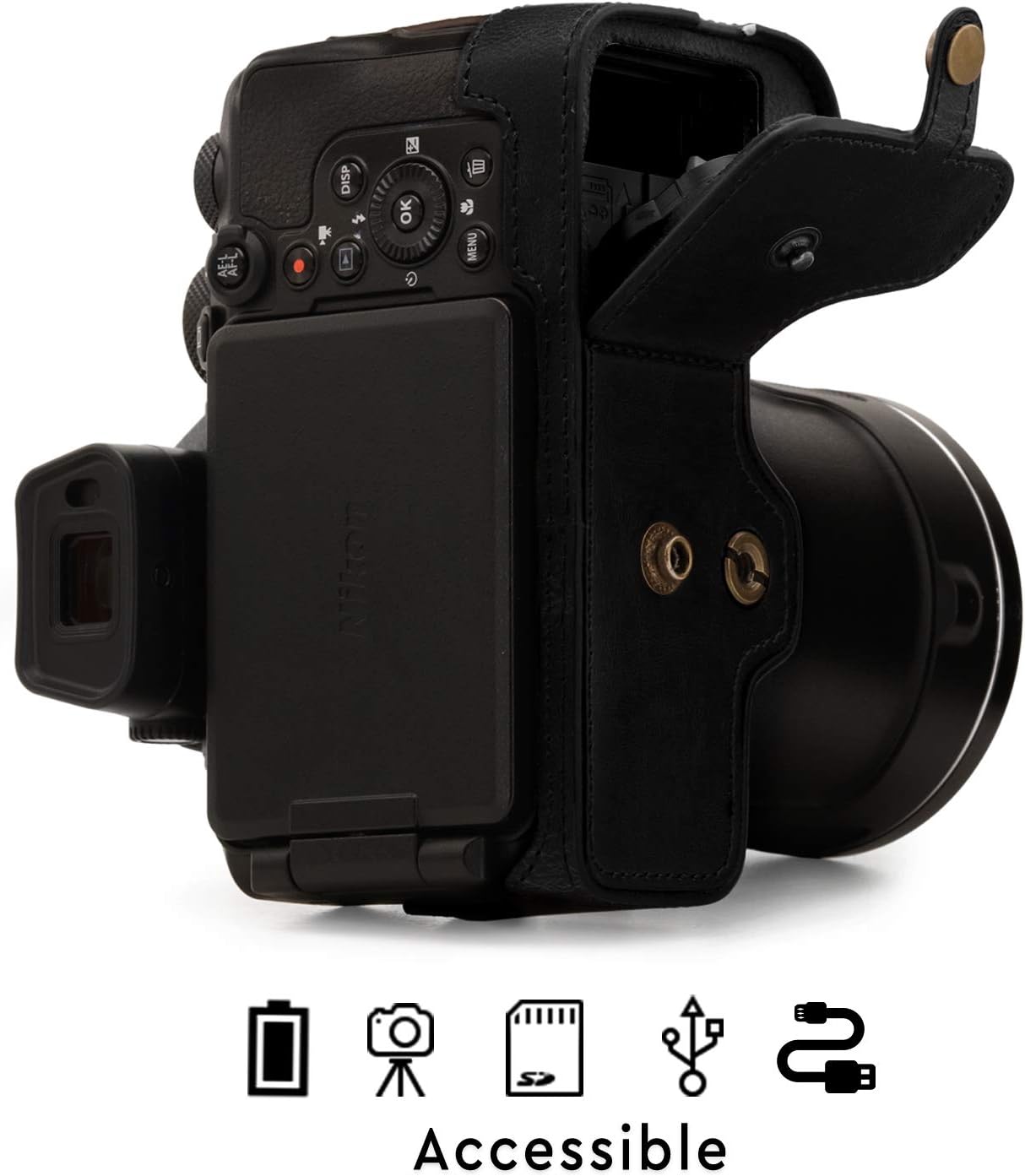 MegaGear Ever Ready – Funda de piel compatible con Nikon Coolpix P950, color negro (MG1877)